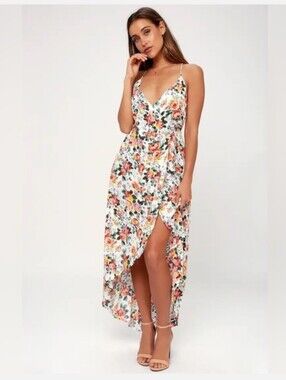 Lulus Lucy Love White Floral Print High-low Wrap Dress Women's S Chic Gardenia